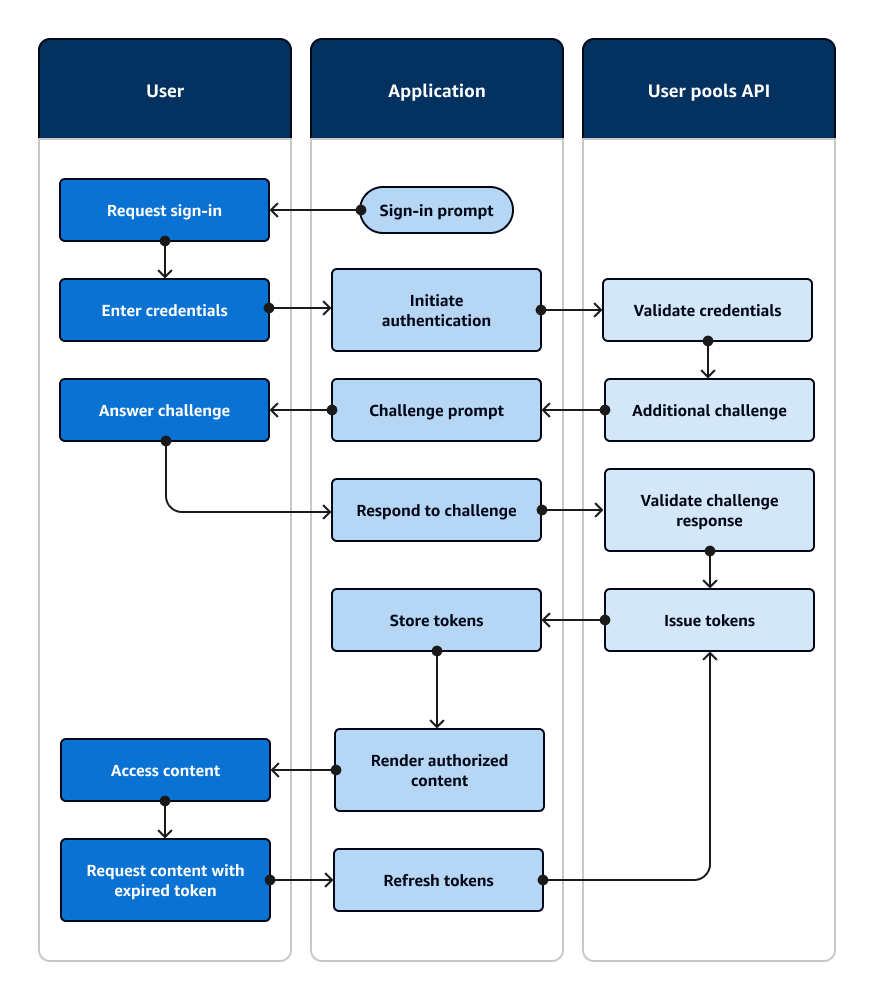 Un organigramme qui montre une application qui invite un utilisateur à saisir des informations et le connecte à l'aide d'un AWS SDK.