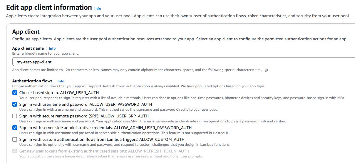 Capture d'écran de la console Amazon Cognito illustrant le choix des flux d'authentification par mot de passe simple pour un client d'application. Les options ALLOW_USER_PASSWORD_AUTH, ALLOW_ADMIN_USER_PASSWORD_AUTH et ALLOW_USER_AUTH ont été sélectionnées.