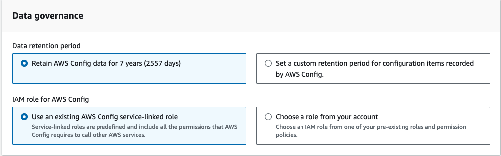 L'image est une capture d'écran de la page Modifier les paramètres de la AWS Config console. Il inclut des informations relatives à la gouvernance des données : la période de conservation des données et le rôle IAM pour AWS Config.