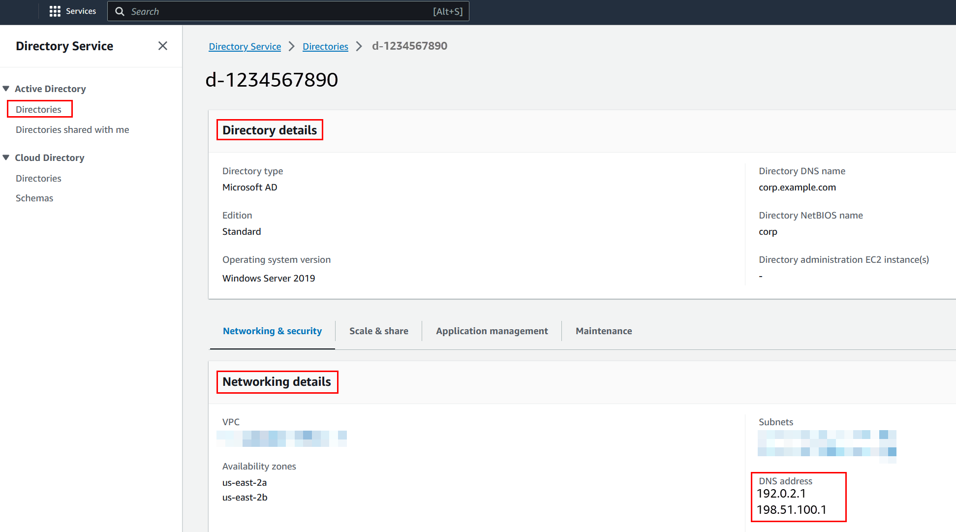 Sur la Directory Service console, sur la page des détails de l'annuaire, les adresses IP des serveurs DNS Directory Service fournis sont mises en évidence.