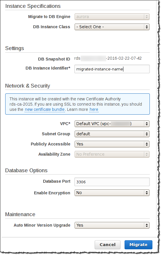 Migrate a snapshot into Amazon Aurora MySQL