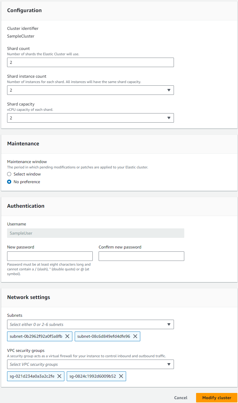 Form showing configuration, maintenance, authentication, and network settings options that can be modified, with Modify cluster button in the bottom-right corner.