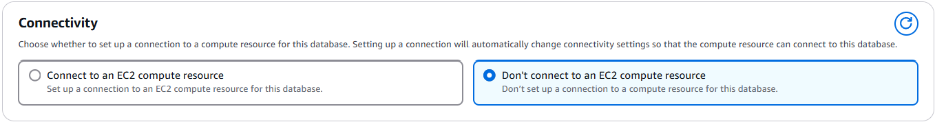 Connectivity settings for database with options to connect or not connect to an EC2 compute resource.