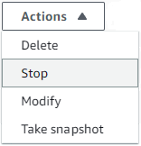 The Actions dropdown list with the Stop option selected.