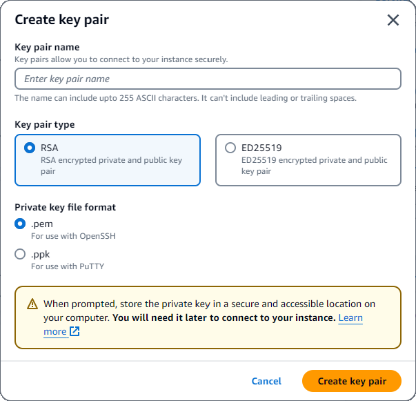 The Create key pair interface with fields for key pair name, type, and file format. The Create key pair button is in the lower-right corner.