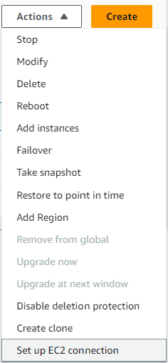 The Actions dropdown list with the Set up EC2 connection option selected.