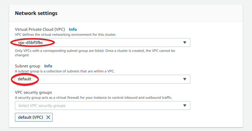 Network settings form showing VPC, subnet group, and VPC security groups options. VPC and Subnet group fields have default options selected.