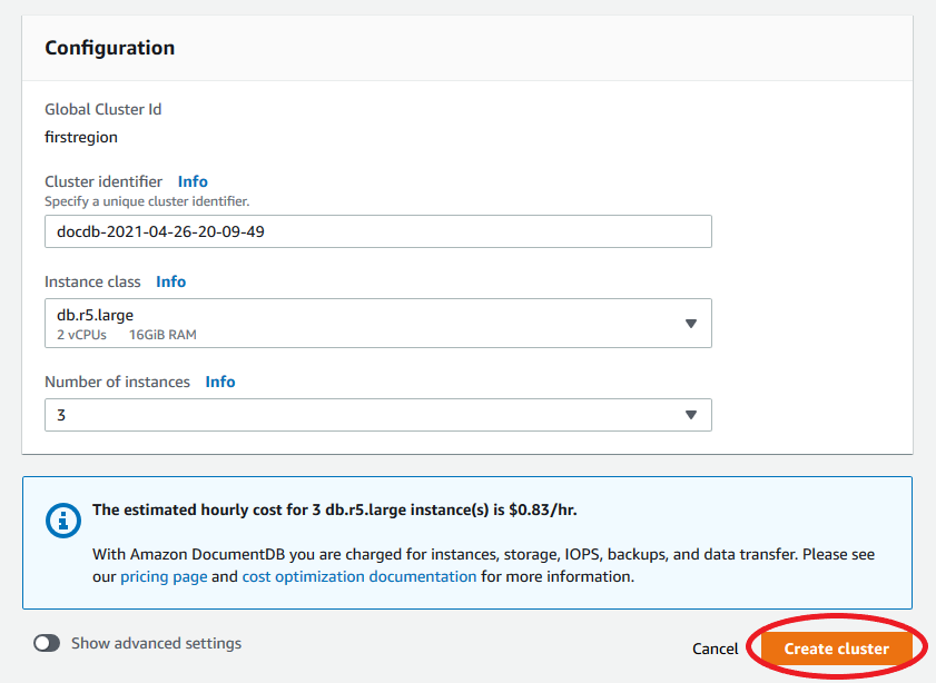 Final steps of adding a region to a cluster, showing the Configuration form, hourly cost estimate, and Create cluster button.