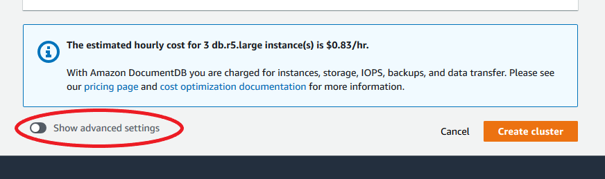 Show advanced settings toggle button next to Cancel and Create cluster buttons.