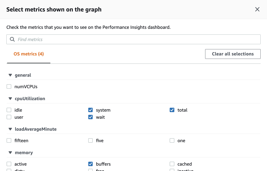 Interface de sélection des métriques du tableau de bord Performance Insights avec options de métriques du système d'exploitation