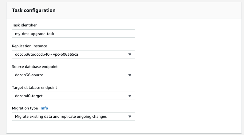 Image: Task configuration dialog for the migration task.