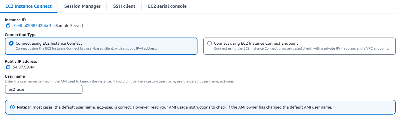 Interface showing configuration options for the EC2 Instance Connect connection method.