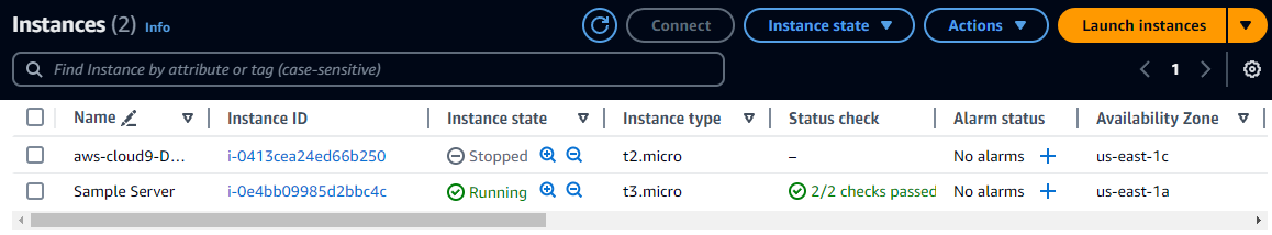 Instances table listing two instances in the Amazon EC2 console.