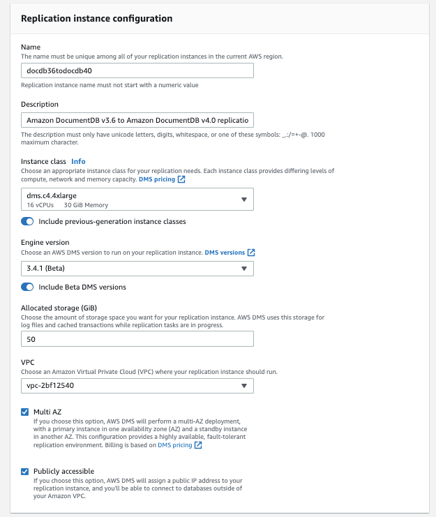 Image: Replication instance configuration dialog showing 10 configurable fields and buttons.
