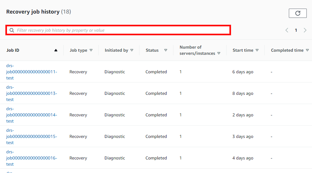 Recovery job history table with search bar highlighted at top for filtering by property or value.