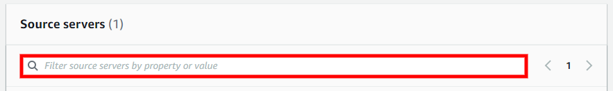 Filter source servers by property or value search bar with pagination controls.