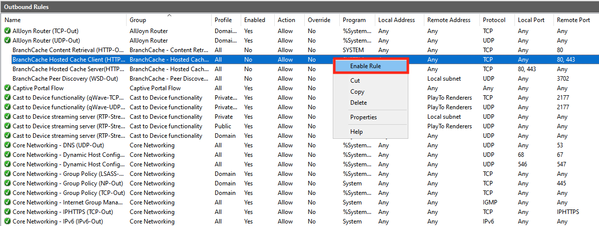 Context menu showing Enable Rule option highlighted for a disabled outbound rule.