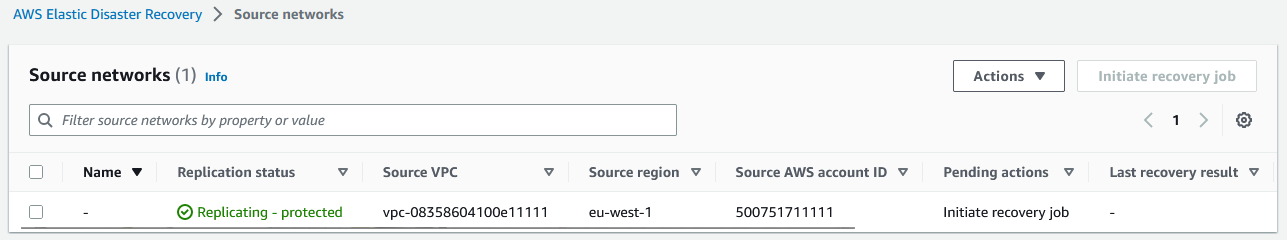 Source networks page showing one network with replication status, VPC, region, and account details.
