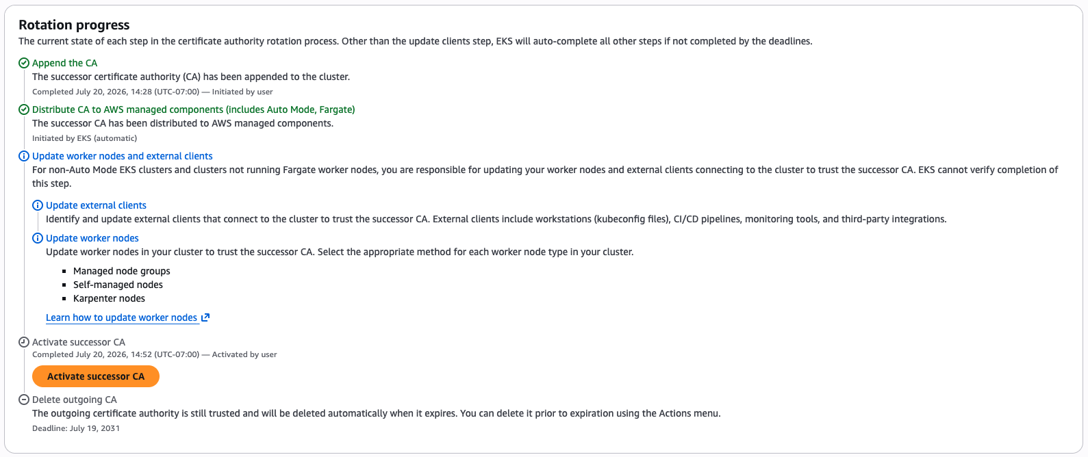 The Amazon EKS console showing the rotation progress view with each step of the CA rotation lifecycle and its completion status