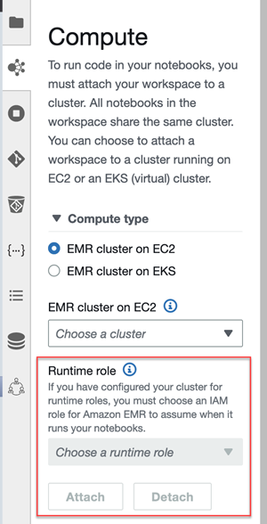 L'interface utilisateur d'EMR Studio Workspace, basée sur l' JupyterLabinterface, avec des onglets désignés par des icônes dans la barre latérale gauche.