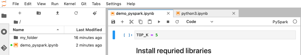 Jupyter notebook interface showing a file explorer and code editor with PySpark content.