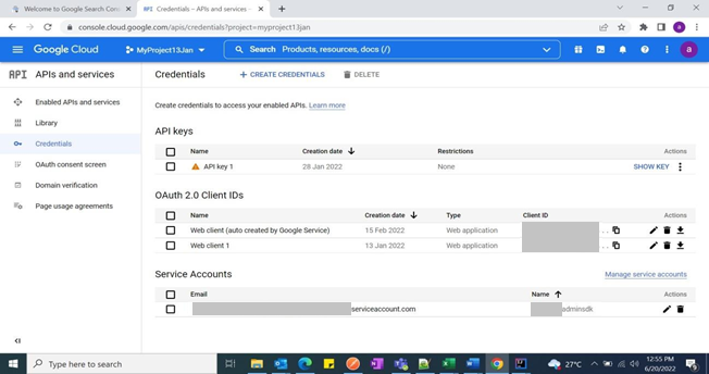 La capture d’écran montre la page de configuration des API et des services.