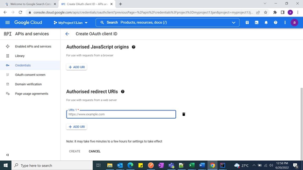 La capture d’écran montre la page Créer un ID client OAuth et la section URI de redirection autorisés. Ici, vous pouvez ajouter les URI et choisir AJOUTER UN URI, si nécessaire. Choisissez CRÉER une fois que vous avez terminé.
