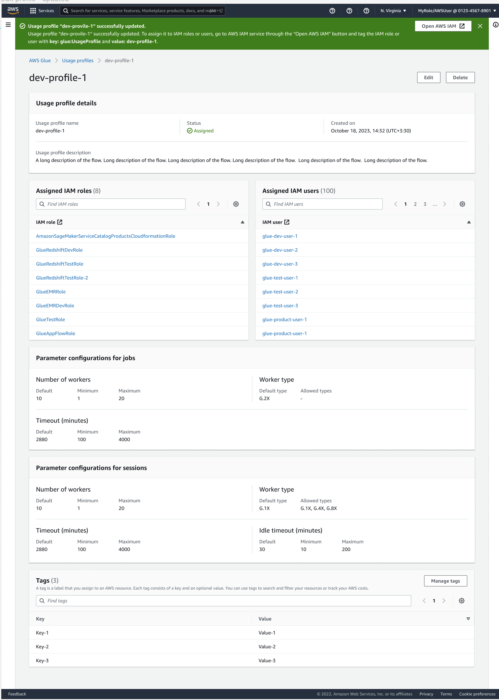 Exemple d’utilisateur consultant le profil d’utilisation qui lui a été attribué dans AWS Glue.