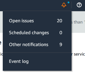 Capture d'écran de l'icône en forme de cloche de notification dans la AWS Health console.
