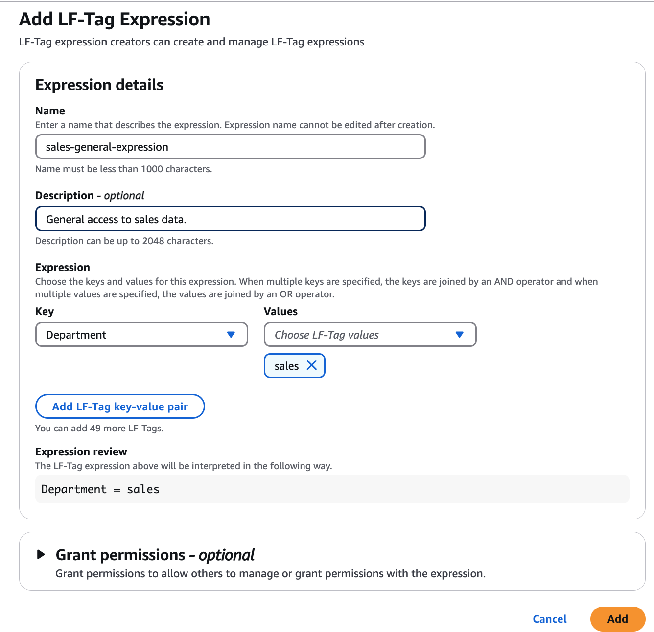 La page contient des champs permettant d'ajouter un nom, une description et une liste déroulante pour sélectionner le corps de l'expression. Les utilisateurs peuvent également avoir la possibilité d'accorder des autorisations.
