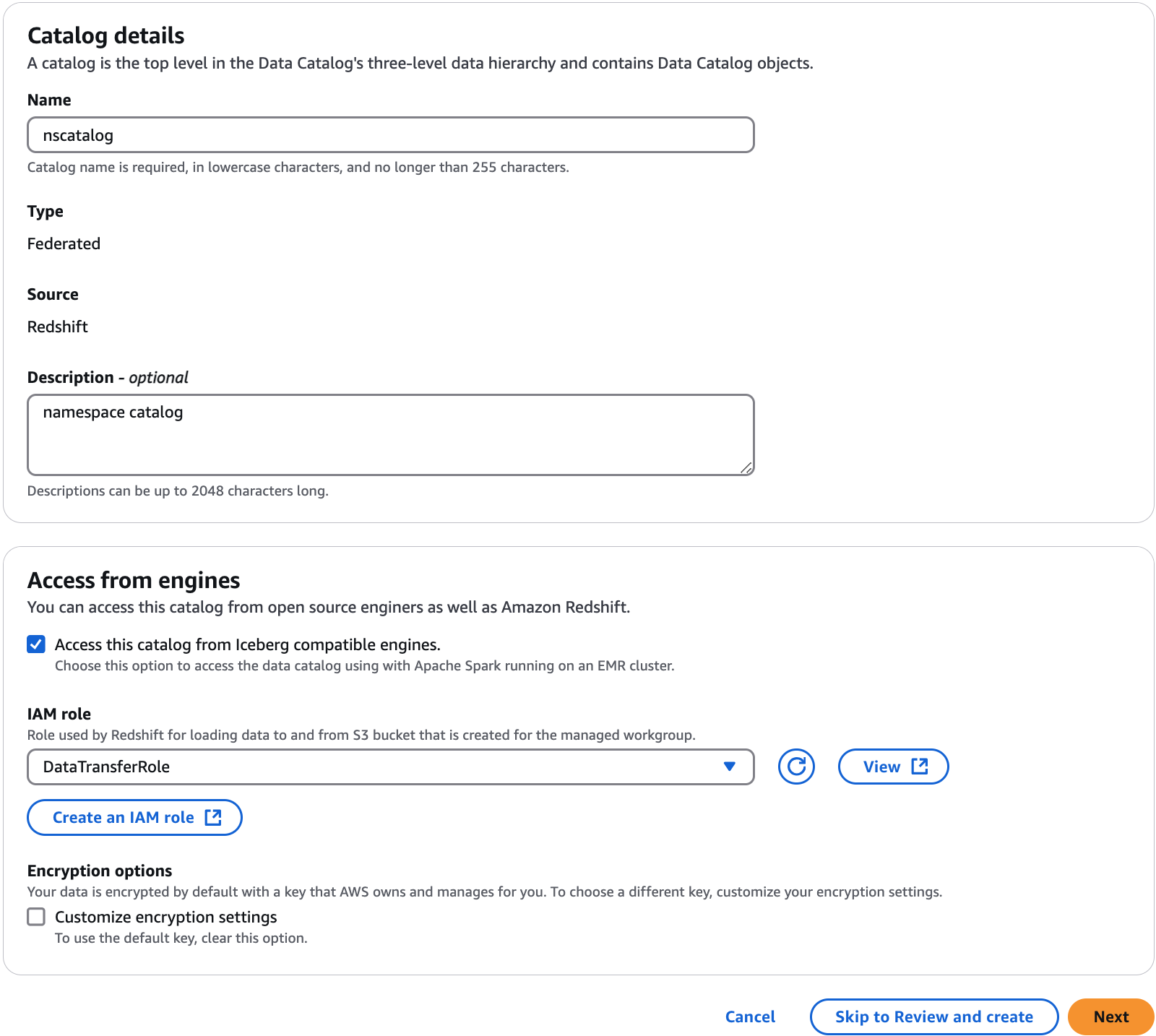 La page de création du catalogue avec les options d'activation de l'accès.