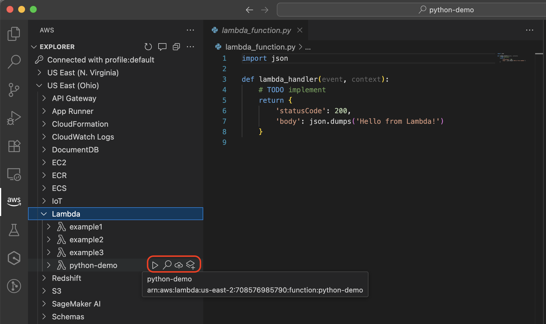 Fonctions Lambda avec icônes d’action pour le déploiement, l’invocation, etc.