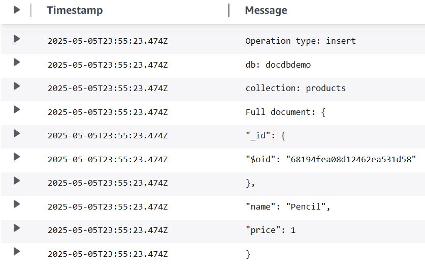 CloudWatch flux de journal pour l'insertion d'enregistrements dans la base de données