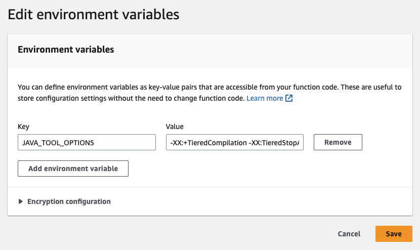 Ajout de la variable d’environnement JAVA_TOOL_OPTIONS à l’aide de la console Lambda
