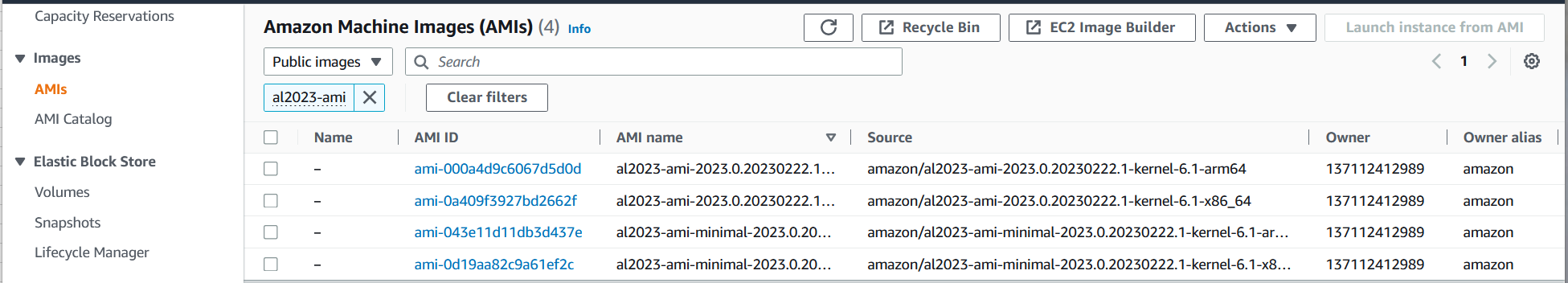A listing of AL2023 AMIs under the Source column.