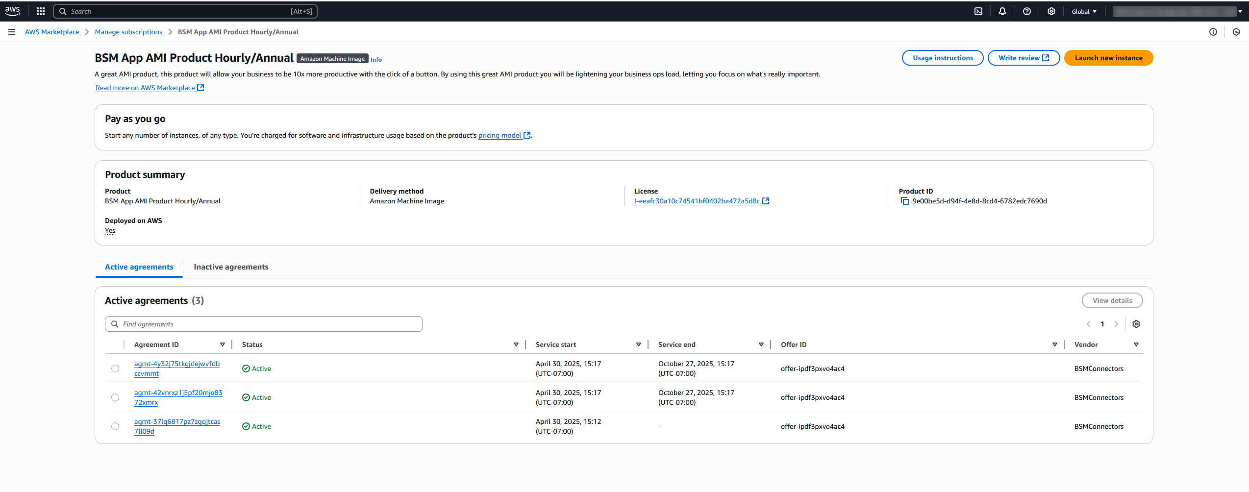 La page détaillée de l'abonnement présentant les accords relatifs à un produit spécifique