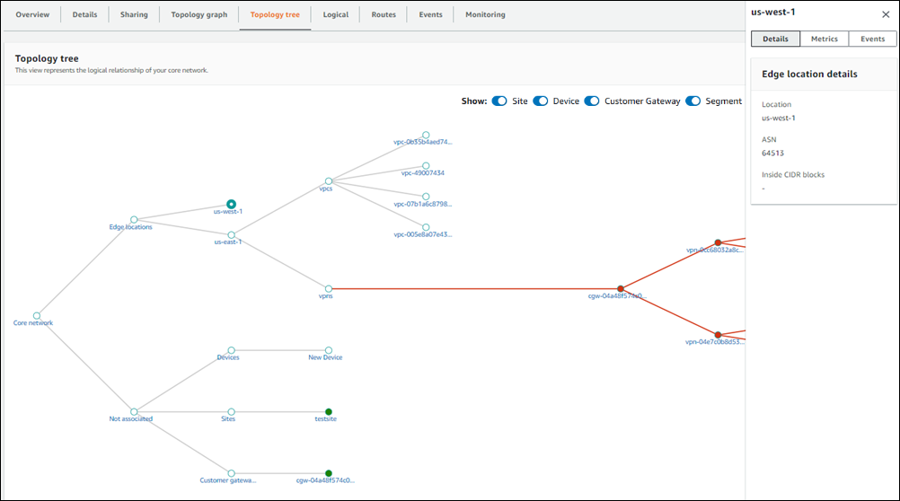 AWS Cloud WAN topology tree