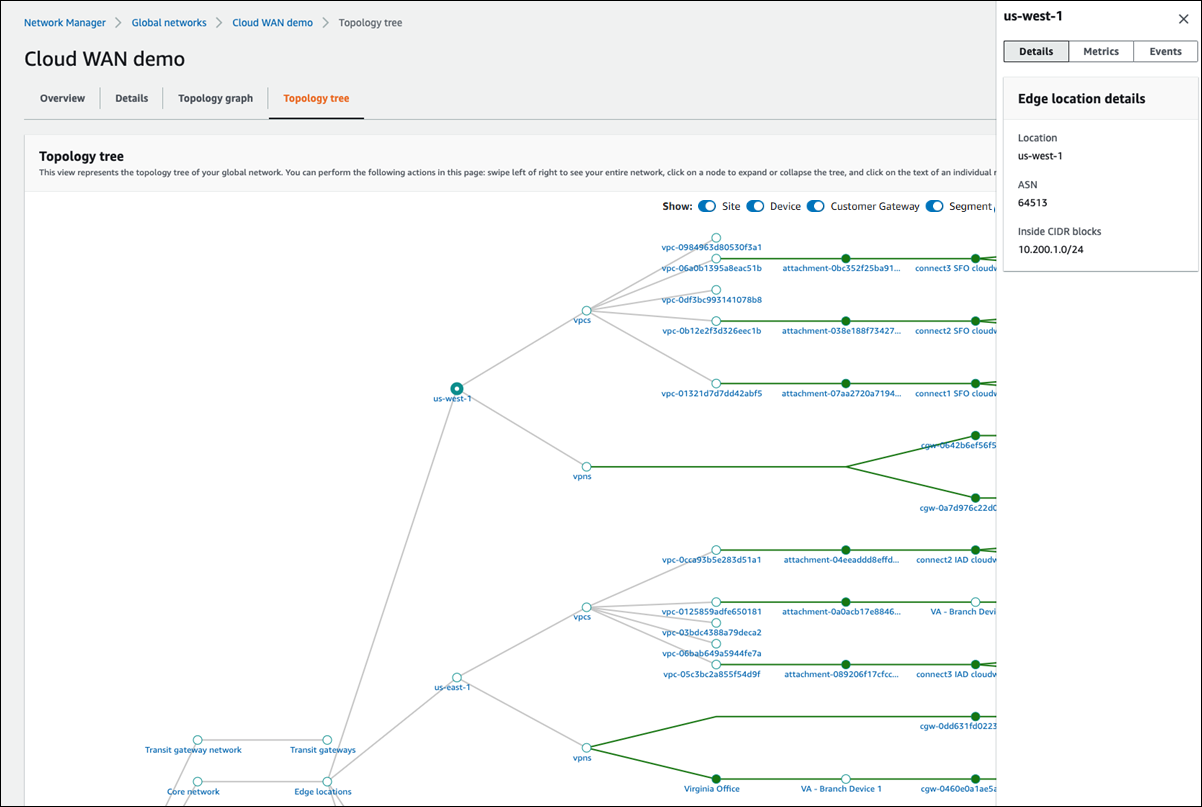 AWS Cloud WAN global network topology tree.