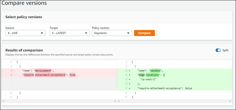 A comparison of the Segments section between a LIVE policy and a policy version.