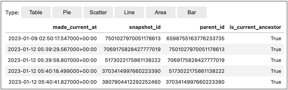 Sample metadata output from an Iceberg table
