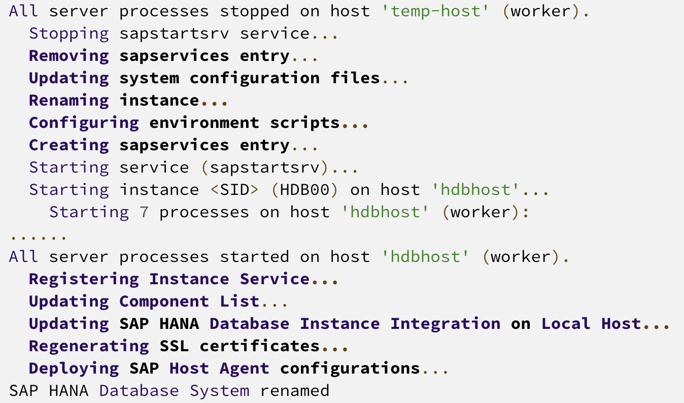 Code showing processes stopped on temp-host, starting on hdbhost, and SAP HANA DB system renamed.