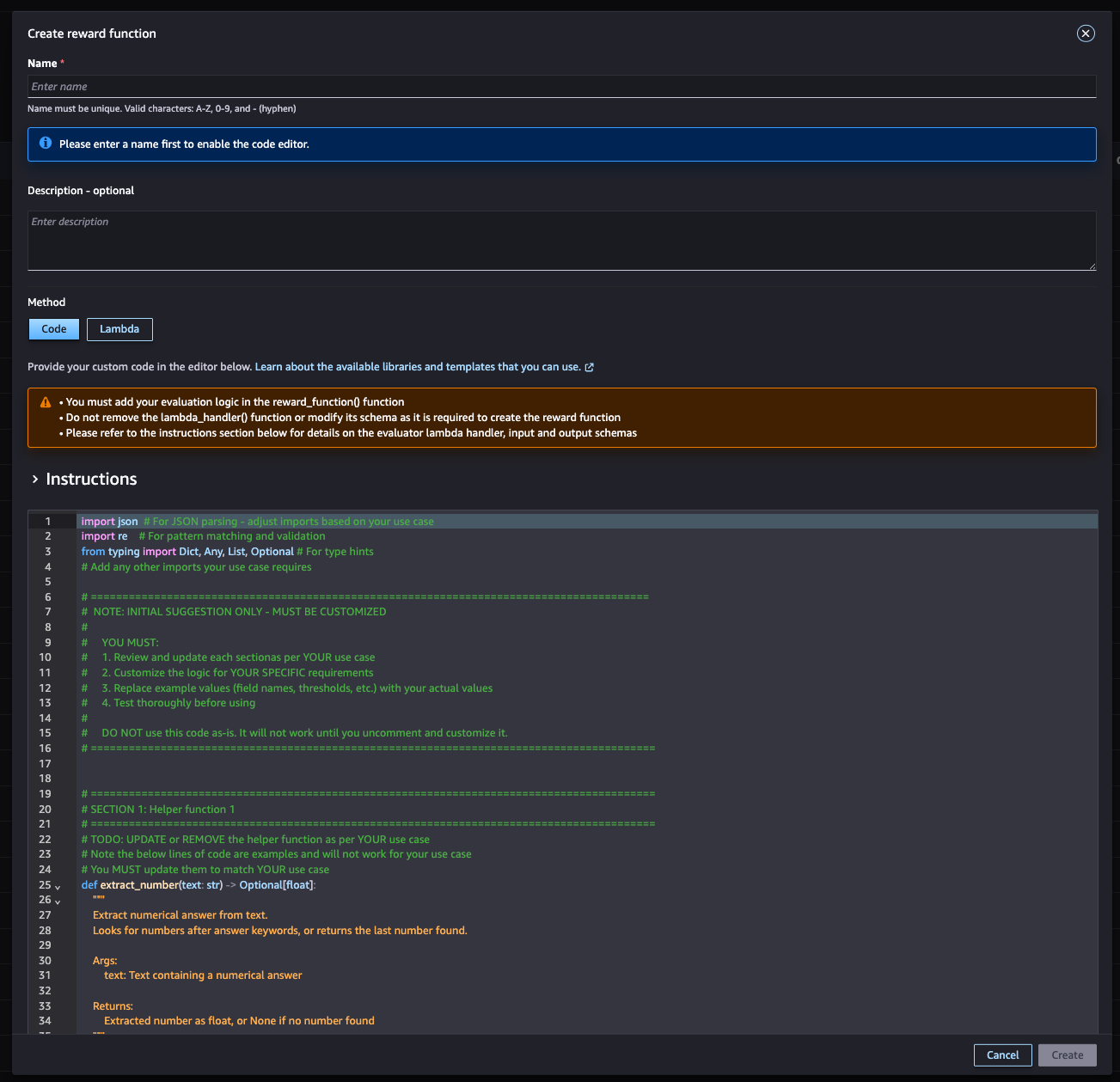 Accédez à SageMaker Studio > Ressources > Évaluateur > Créer un évaluateur > Créer une fonction de récompense.