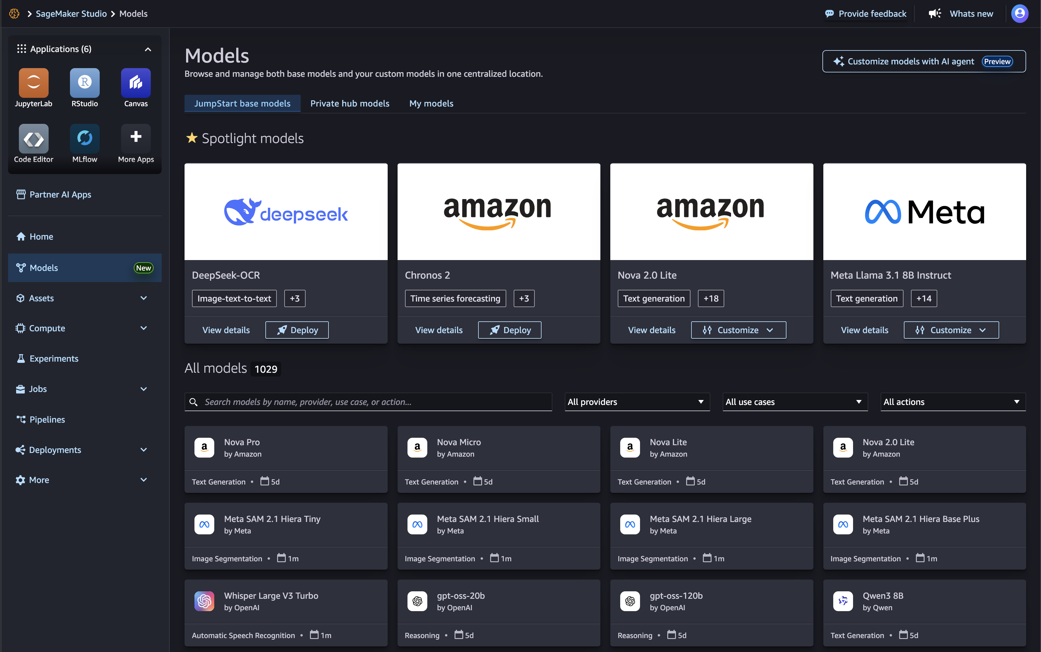 Page d'accueil des modèles Amazon SageMaker Studio.
