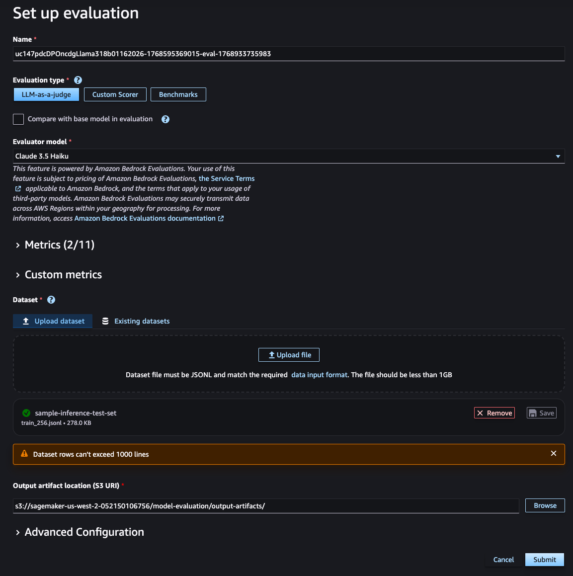 Configuration minimale pour l'analyse comparative de LLMAJ via Studio. SageMaker
