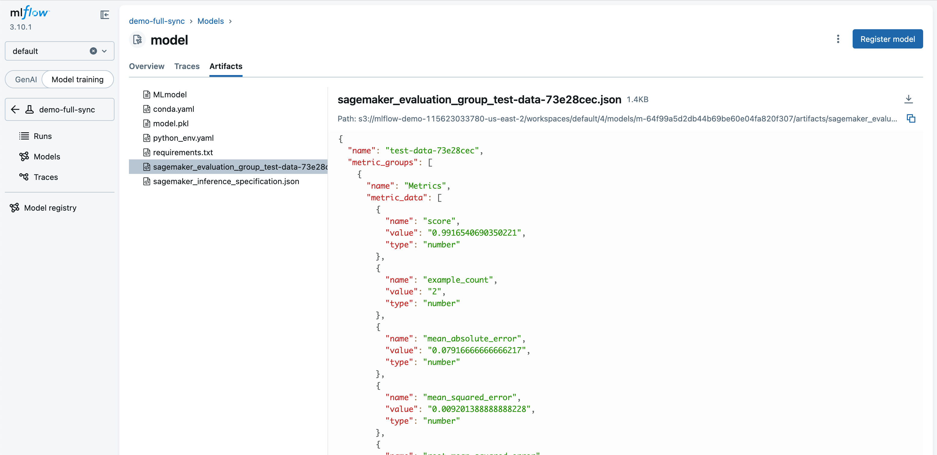 Artefact du groupe d'évaluation dans l'interface utilisateur de MLflow.