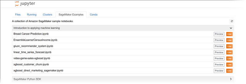 Exemple de l'onglet SageMaker AI Examples dans la vue classique de Jupyter.