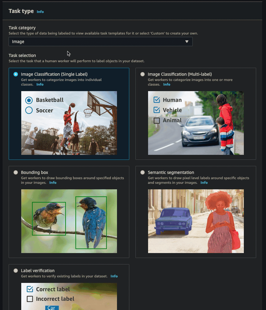 Gif montrant comment créer une tâche de suivi d’objet de trame vidéo dans la console SageMaker AI.