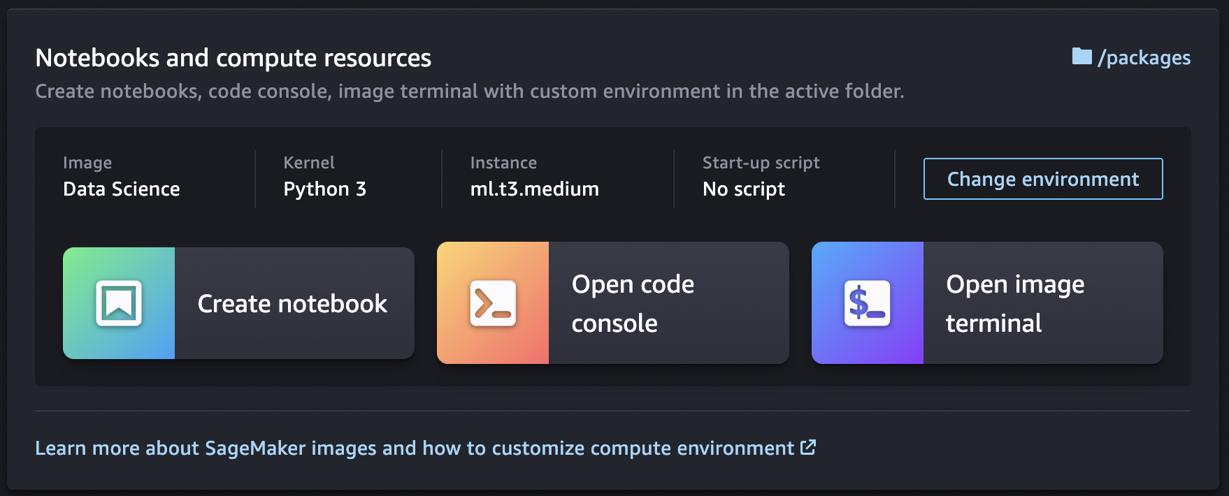 Environnement de définition de bloc-notes dans SageMaker Studio Classic.