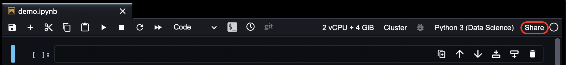 Emplacement de l’icône Partager dans un bloc-notes Studio Classic.