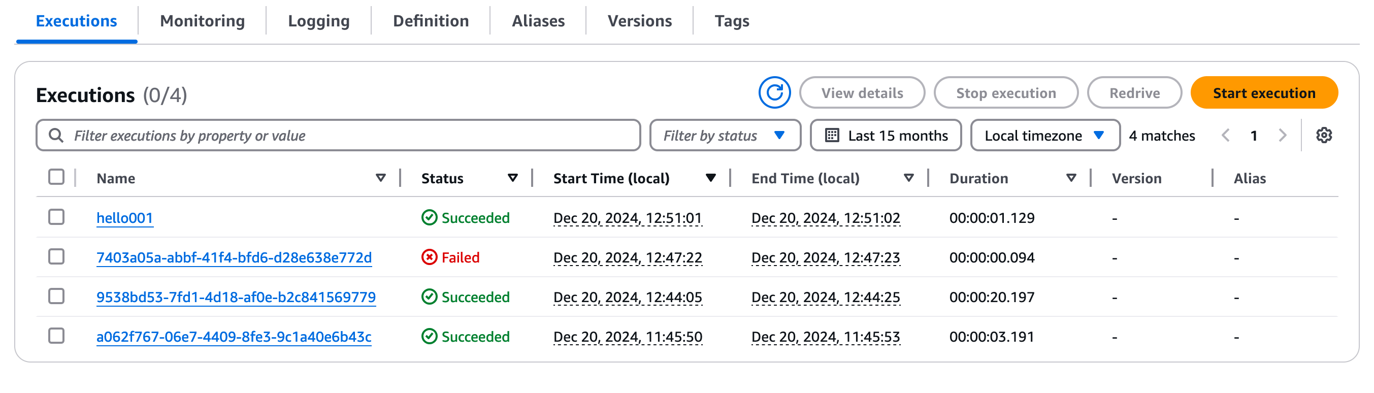 Capture d'écran illustrative présentant une liste d'exemples d'exécutions de Hello Workflow.
